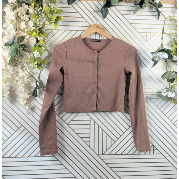 Zara Button-Up Ribbed Cropped Lightweight Cardigan Top Brown Tan Size MED - Picture 1 of 6